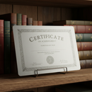 Custom Aluminum Display 5x7 with certificate on bookshelf