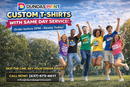 Group of people jumping in a park wearing custom printed t-shirts for Dundas Print same day service in Toronto